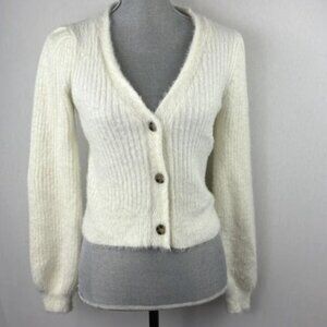 Lulus Cropped Cardigan Sweater Small Off White Rib Knit Soft Stretch Comfy Warm